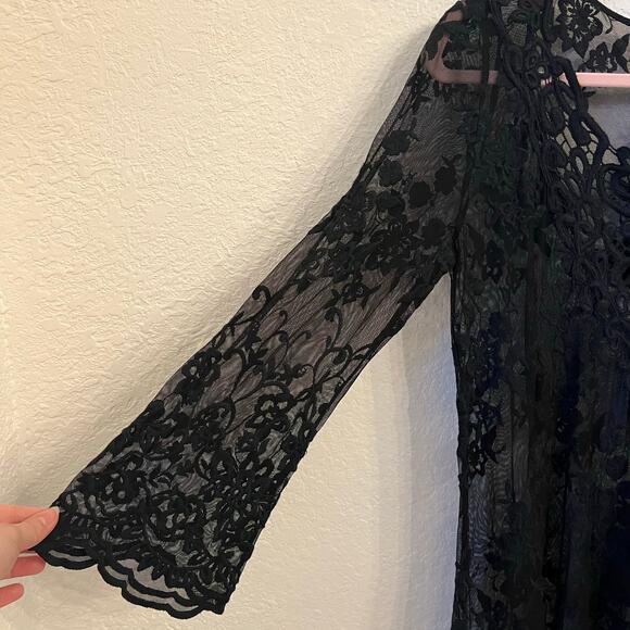 XCVI Black Lace Mesh Tunic Top XS Sheer Bell Sleeves Whimsigoth Dark Romantic - Picture 2 of 10